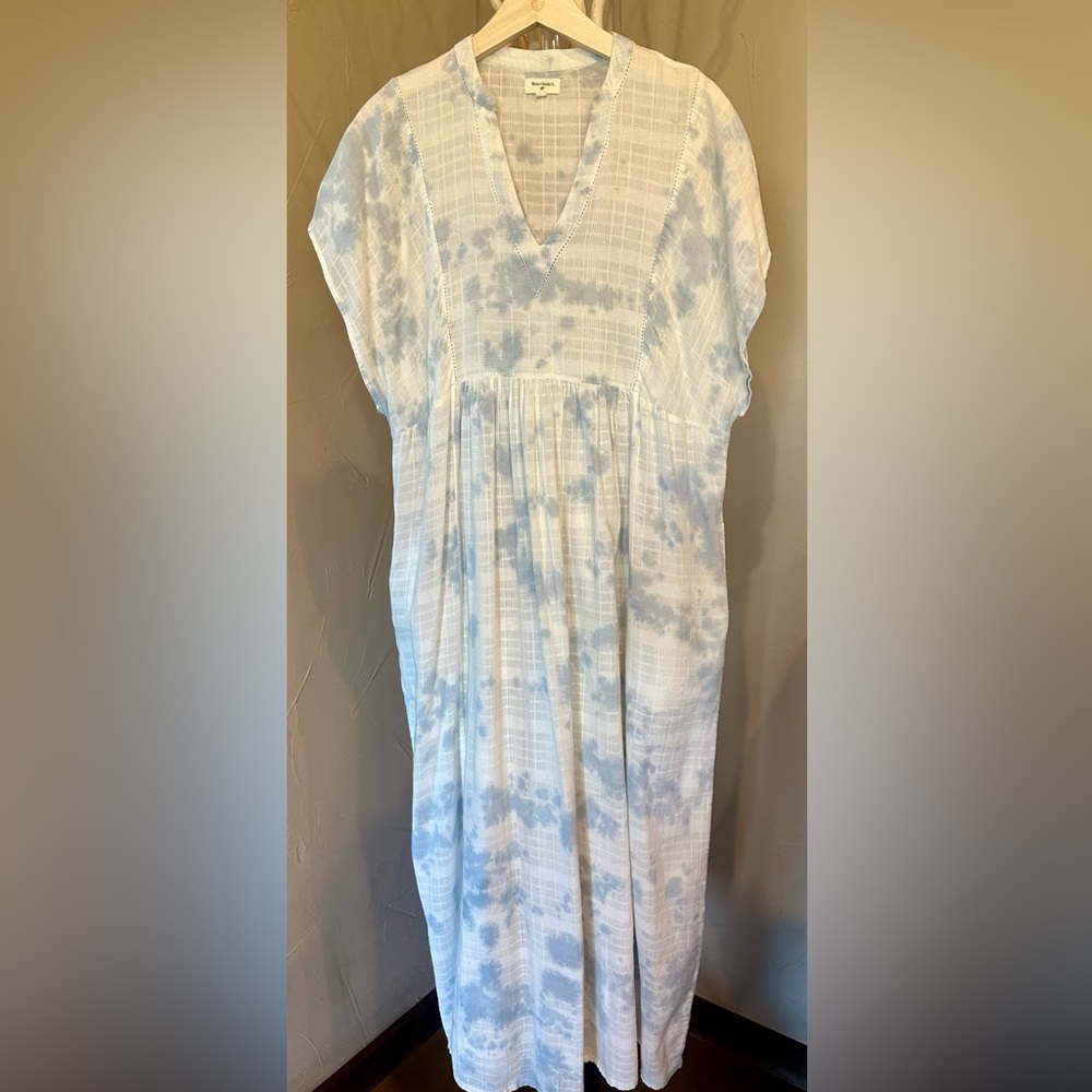 White and Light Blue Tie-Dye V-Neck Maxi Dress, One Size Fits Most